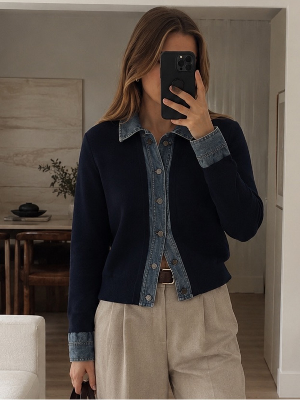 Kobi Halperin Rosalie Navy Knit Sweater Jacket Denim Trim Button Front Size M